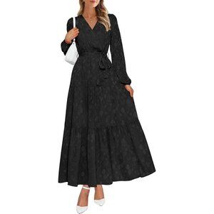PrettyGarden Women Black Polyester V Neck Long Sleeve Ruffle Floral Maxi Dress